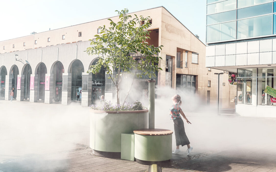 Pflanzkübel ausgestattet mit Raintime-Nebeltechnik für optimale Städtekühlung
